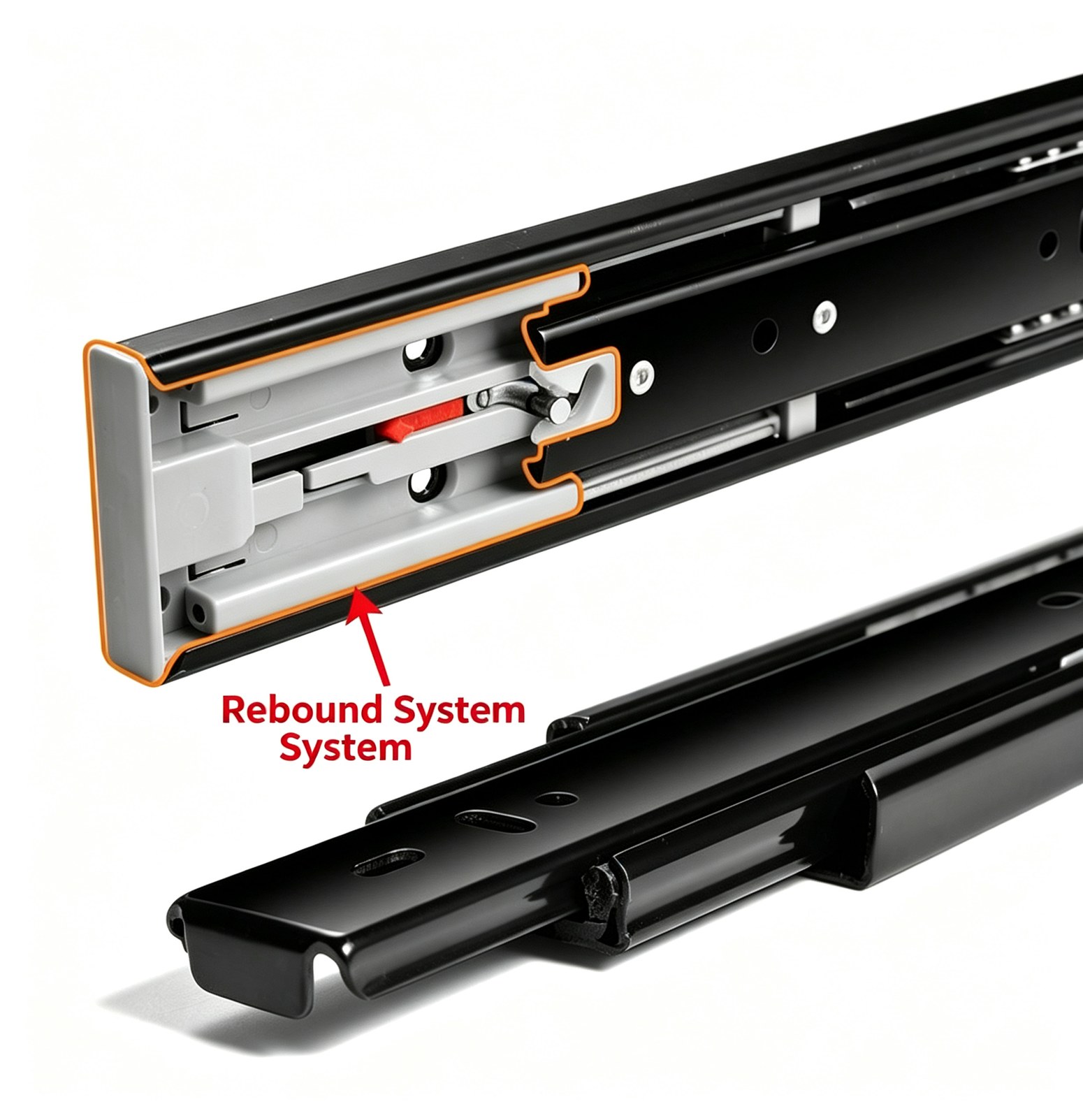 Push-to-open rebound system and soft-close damper.