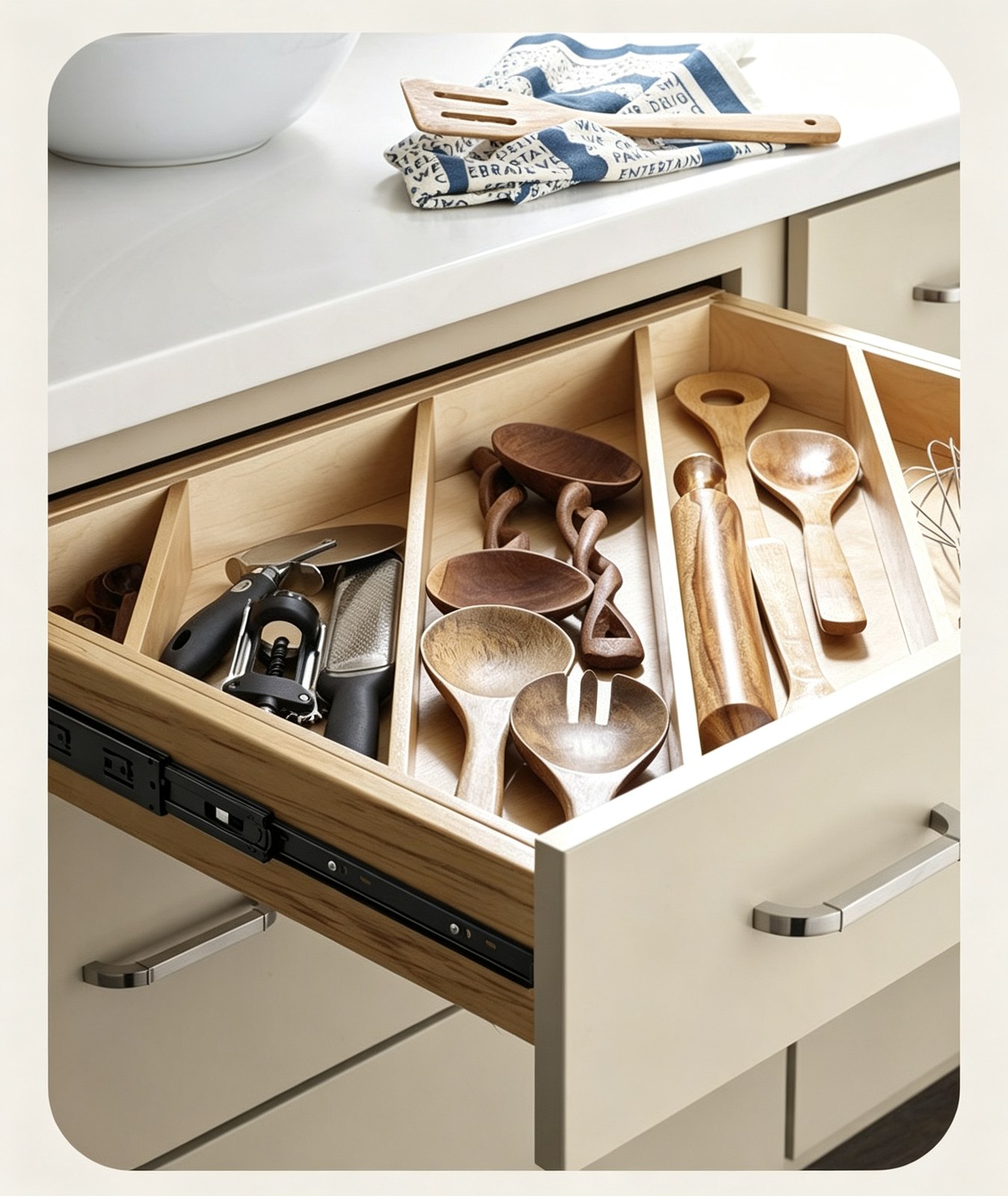 Illustrative kitchen drawer storage application.